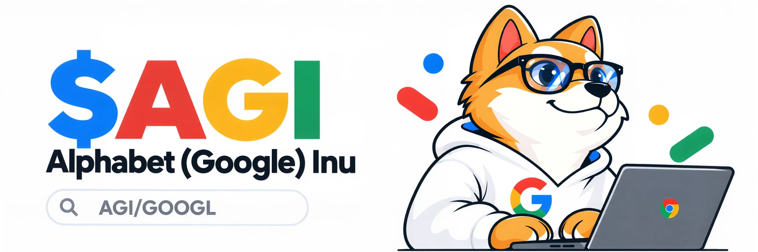 $AGI — Alphabet (Google) Inu, AGI/GOOGL, with the Alphabet Inu mascot using a laptop