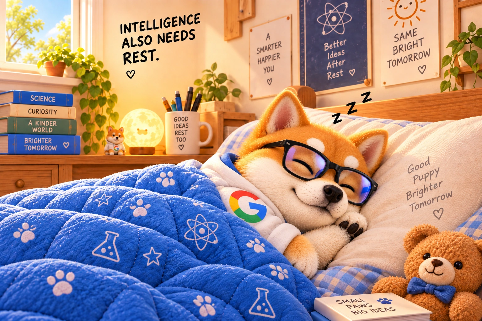 Alphabet Inu in black glasses and a white hoodie sleeping under a blue blanket: Intelligence also needs rest