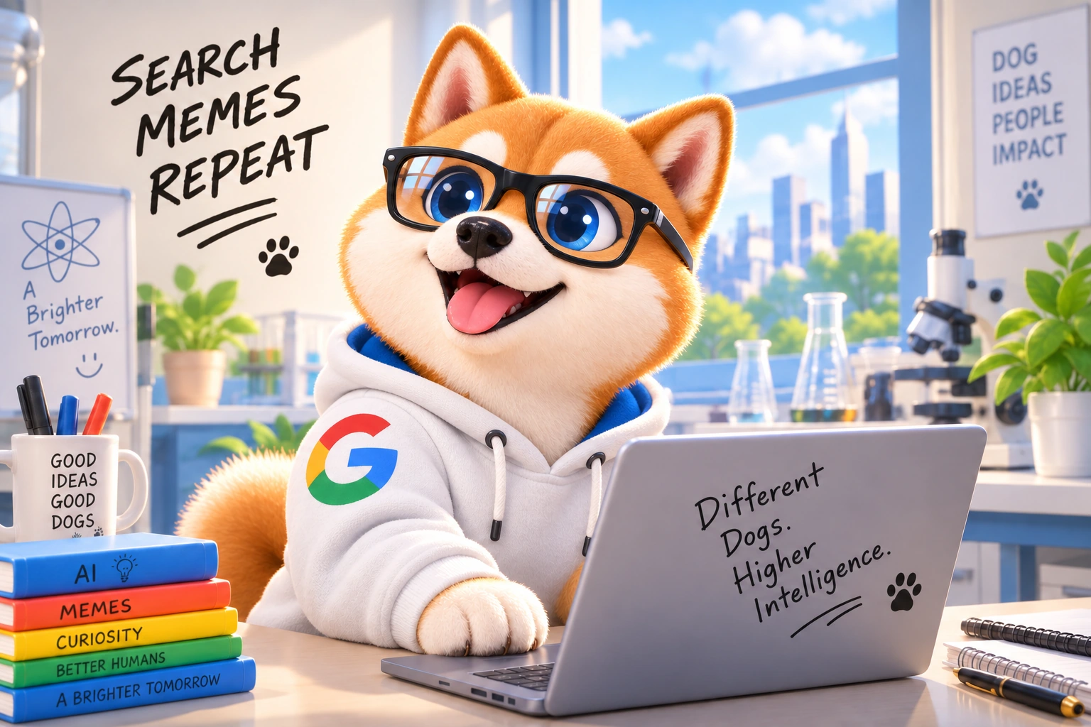 Alphabet Inu in black glasses and a white Google hoodie at a laptop: Search, Memes, Repeat
