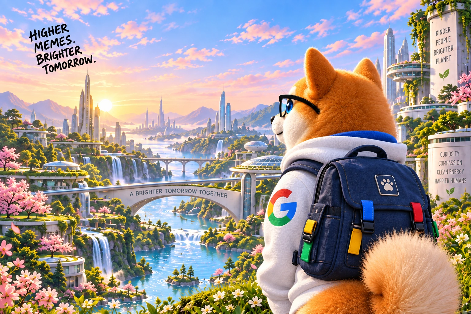 Alphabet Inu in a white Google hoodie and black glasses with a backpack overlooking a green future city